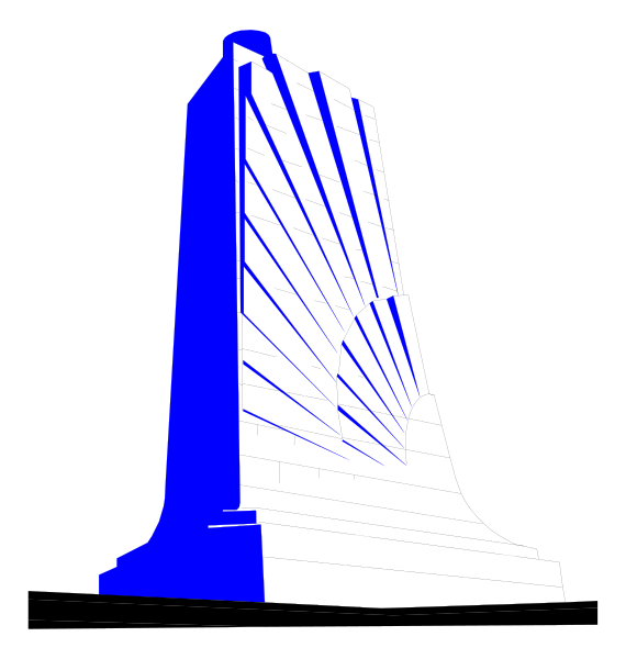 The image shows a blue architectural model of an abstract structure with geometric shapes against a black background on the left side, next to which is another smaller clip-art graphic that appears to be a white silhouette of a building in profile view on the right side.