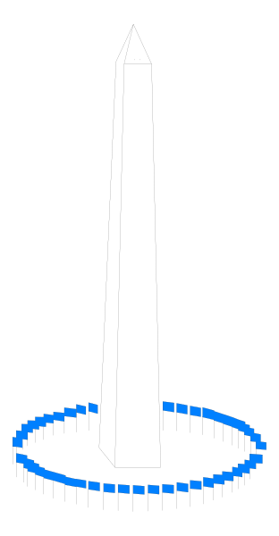 The image shows a stylized depiction of an obelisk with blue circles around it on what appears to be a dark background.