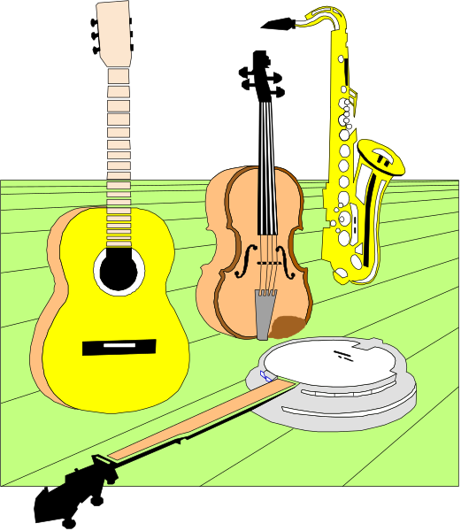 The image shows a collection of musical instruments including an acoustic guitar, saxophone, violin case with bow inside, banjo, harmonica, tambourine, and sheet music on top of them all set against a black background.