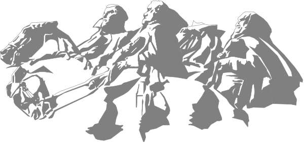 The black and white silhouette of a group of figures that appear to be playing musical instruments together on what looks like an outdoor stage with benches for seating in front of them.