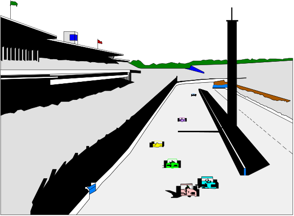 The image shows a screenshot of an old video game with pixelated graphics featuring what appears to be a racing scene on a track at nighttime; there is no text present in this small clip-art image, and it does not depict any people, animals or actions that can confidently be identified.