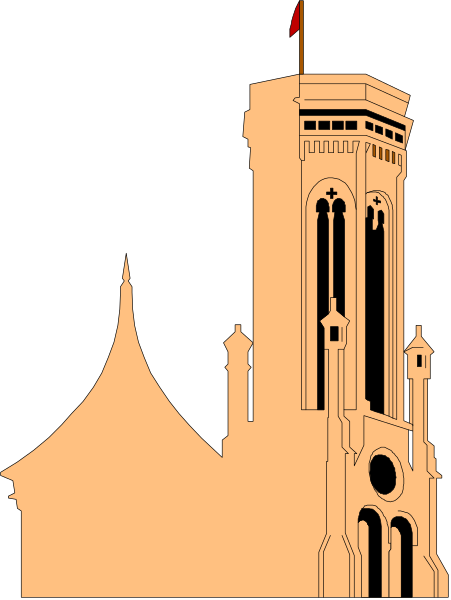 The black and white silhouette of a church with two towers against an evening sky background.