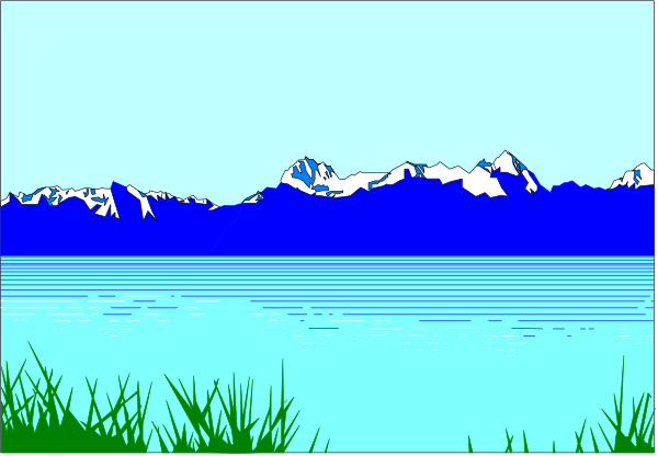 The image shows a landscape with mountains on both sides of water under blue skies; it's divided into two parts by an artificial line in between them.