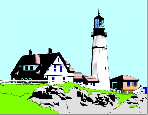 The image shows a tranquil coastal scene with two houses on either side of an iconic lighthouse atop cliffs overlooking water under clear skies.