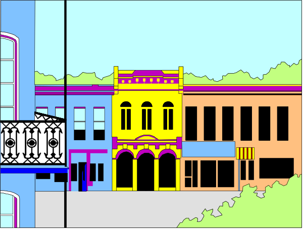 The image shows a colorful illustration of three buildings with different architectural styles: on top is an old-fashioned building painted in shades of blue; below it to its left stands another structure, possibly residential given its design and windows; at bottom right there's a modern multi-story commercial or office building. The scene suggests this could be part of a larger cityscape with other buildings not visible here.