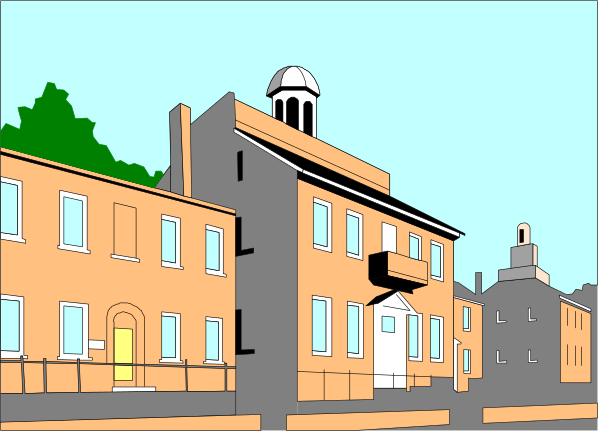 The image shows a black and white illustration of an old brick building with multiple windows on two floors, situated next to another similar structure in what appears to be a small town street scene.