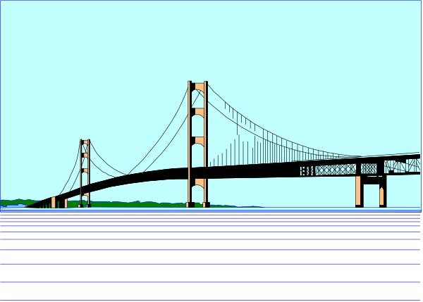 The image shows a bridge over water with two towers connected by cables; it is depicted as an illustration within another picture that appears to be of a different scene on top.