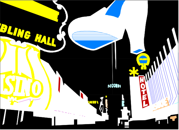 The image shows a black and white street scene with various signs that say "BINGE HALL," "SLOTS" (with an arrow pointing down), "MOTEL," "CASINO ROYALE," and other words, along with some cartoon-like characters in the background.