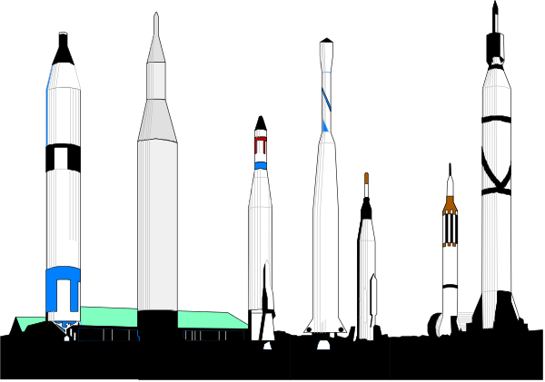 The image shows a collection of spacecraft including rockets from different eras such as Apollo 13, Saturn V, Space Shuttle Enterprise, Falcon Heavy Rocket, Soyuz TMA-0M, and others in various sizes against black background with white outlines. There are no people or animals depicted; the focus is on spacecraft technology history. The setting appears to be a digital representation of an exhibition showcasing these vehicles side by side for comparison purposes.