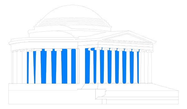 The image shows a black and white illustration of an architectural structure resembling a dome with columns on either side, reminiscent of classical architecture styles such as Greek Revivalism; it is set against a dark background that contrasts sharply with its lighter tones.