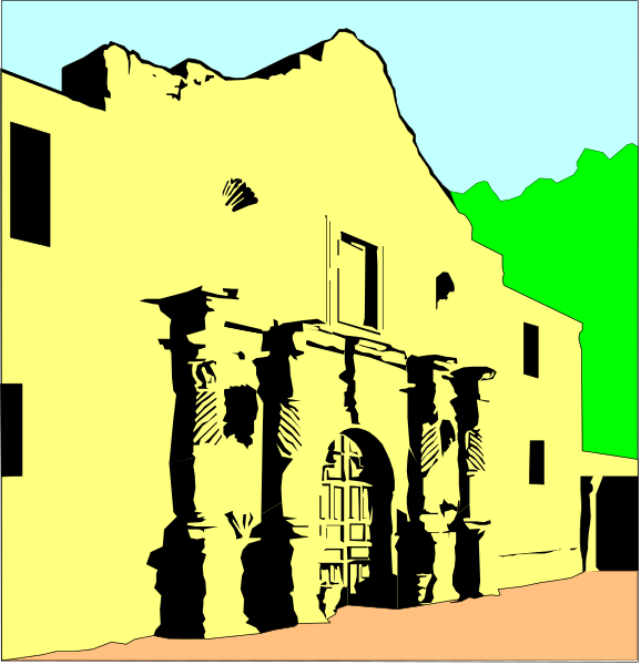 The image shows a two-panel illustration of an old western town with wooden buildings featuring arched doorways; it is depicted in black and white line drawing style.