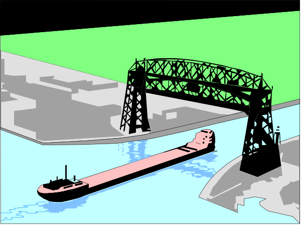 The image shows a black and white illustration of an overhead view of two bridges over water with boats passing underneath them; one bridge has cars on it while another is empty.