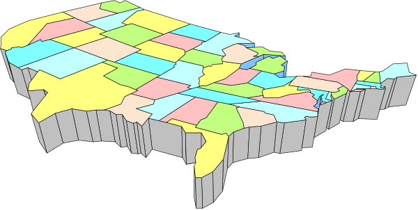 The image shows a stylized map of the United States with states highlighted by different colored markers on top of it against a black background.