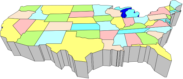 The image shows a stylized map of the United States with states highlighted by color.