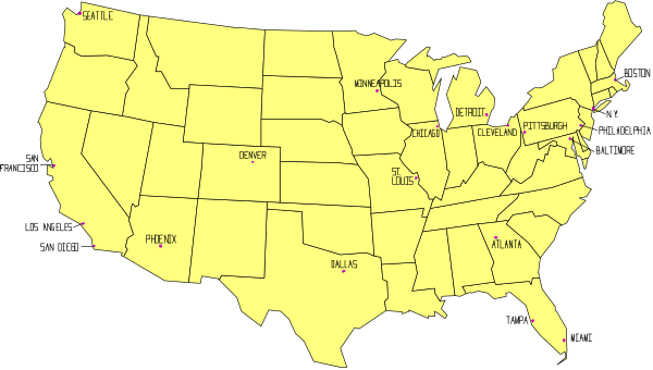 The map shows a section of the United States with states highlighted in yellow coloring; it is set against black background.