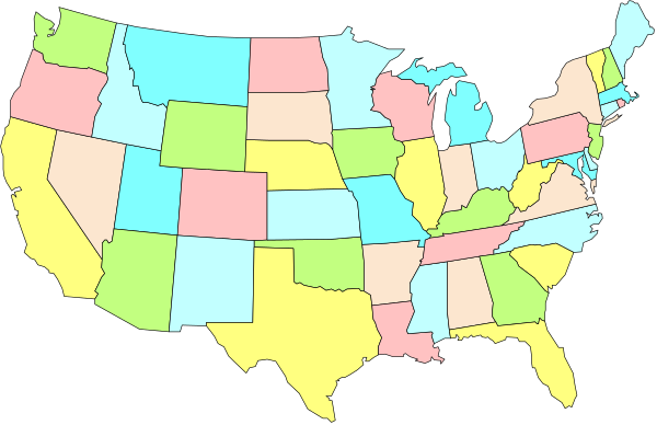The map shows a stylized representation of the United States with different colored states labeled on it.