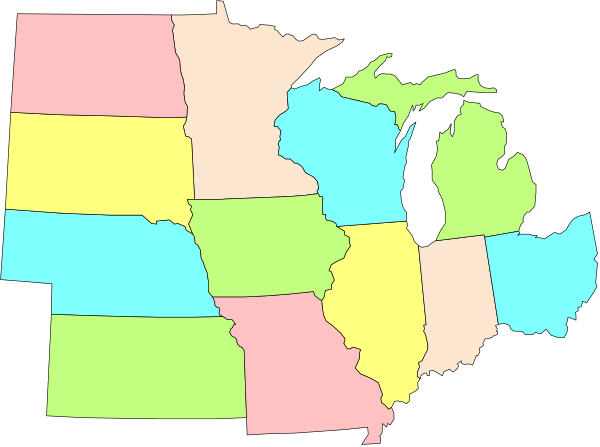 The map shows a stylized representation of the United States with each state highlighted by different colored borders to represent various states' names in colorful text boxes around them.