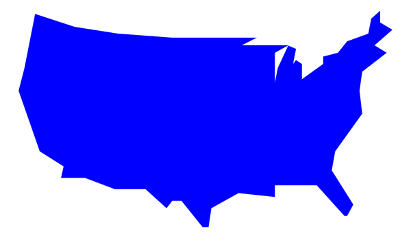 The image shows a stylized map of the United States with blue states superimposed on it against a black background.