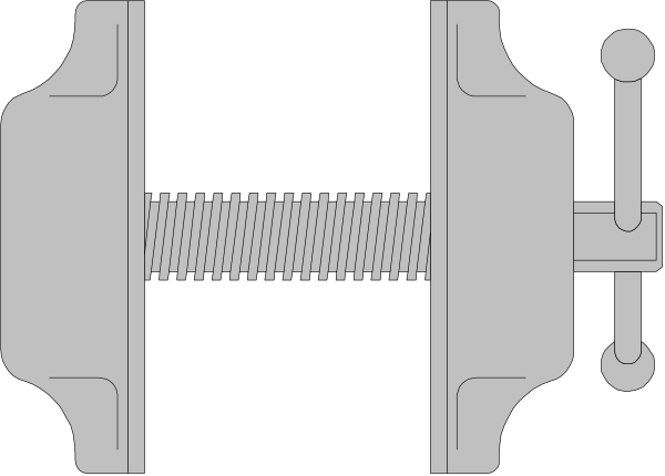 The black and white illustration shows a mechanical device with two visible screws on either side of an opening at its center, which is surrounded by four smaller circles that could be gears or pulleys connected to each other in some way; there's no text present within this image.