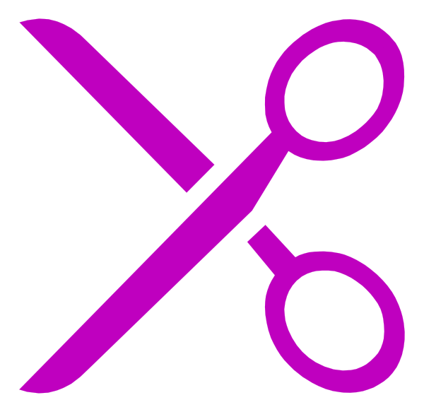 The image shows a pair of scissors with purple handles against a black background.