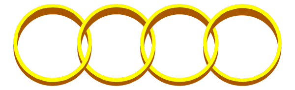 The image shows a logo with three interconnected rings of different sizes forming an abstract design resembling gears within each other; above this symbol is text that reads "Audi" in uppercase letters.