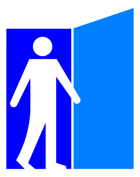 The image shows a blue door with an open sign above it indicating that entry is allowed for those who have been vaccinated against COVID-19. A person in silhouette form stands on either side of this doorway, one facing towards us and another away from us, both appearing to be walking through the entranceway into what seems like a building or room with blue walls inside.