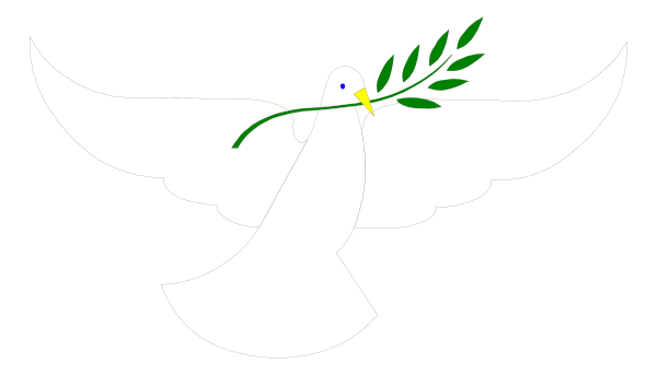 The image shows a white dove with an olive branch on its beak flying over two peace signs that resemble hands forming a heart shape against a black background.