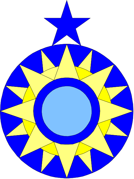 The image shows a stylized emblem with geometric shapes representing stars around an inner circle that has rays of light extending from it; within this central design is another smaller blue star at its center.