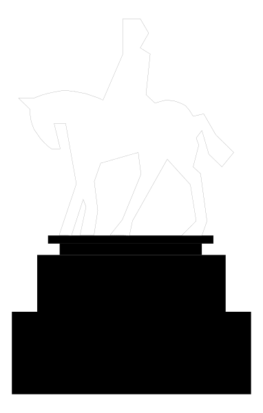 The image shows a black and white silhouette of an adult horse with rider on its back against a striped background that transitions from dark to light gray horizontally across the frame.