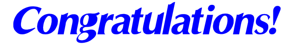 The text "Congratulations" on a blue background with white lettering is displayed above an award-like graphic that includes two crossed swords forming an 'x' shape overlaid by what appears to be a shield, all set against a gray backdrop.