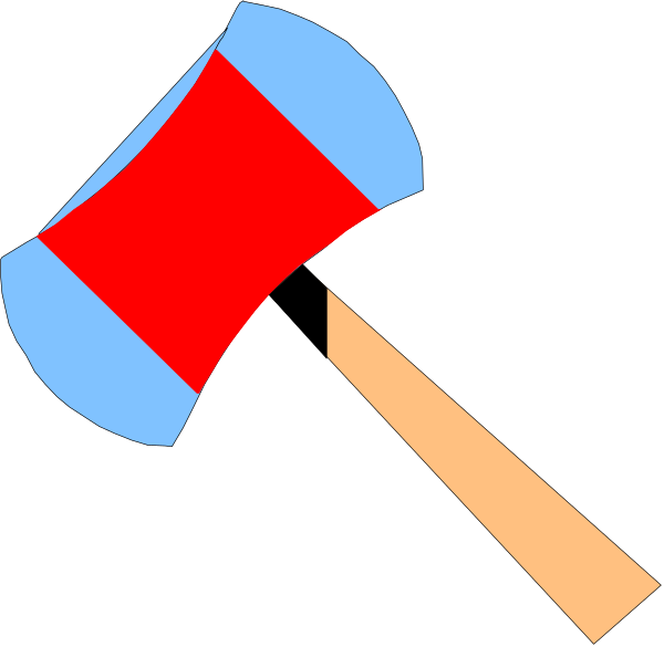 The image shows a red hammer with wooden handle on its left side next to an axe head that is partially visible from behind in front of it.