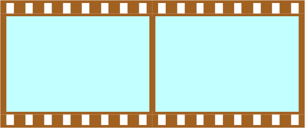 The image shows a film strip with four frames of varying lengths against an aqua background.