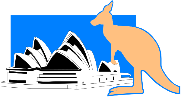 The image features a stylized graphic of an Australian flag with two kangaroo silhouettes on either side; one is standing in front of Sydney Opera House while another appears to be swimming near it, both set against blue and white backgrounds that represent water.