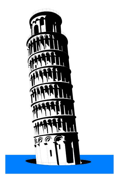 The image shows a black and white illustration of an iconic landmark: Leaning Tower of Pisa with water around its base in front of it.