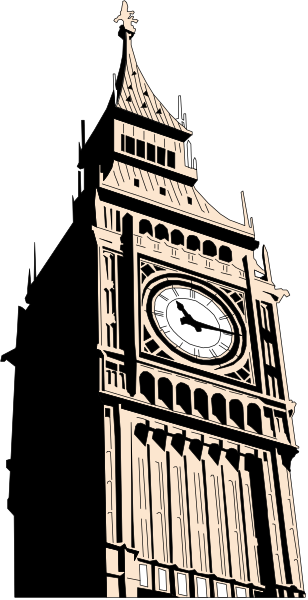 The image shows a black and white silhouette of Big Ben clock tower against night sky with stars visible above it.