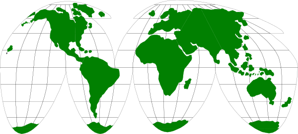 The image shows a world map with green landmasses on it against a black background.