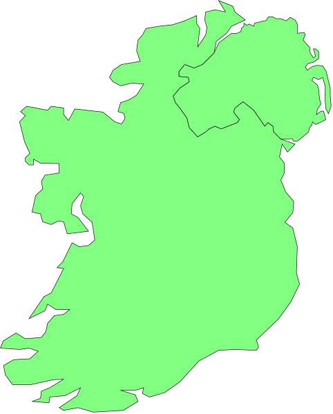 The image shows a stylized map of Ireland with green counties outlined against a black background.