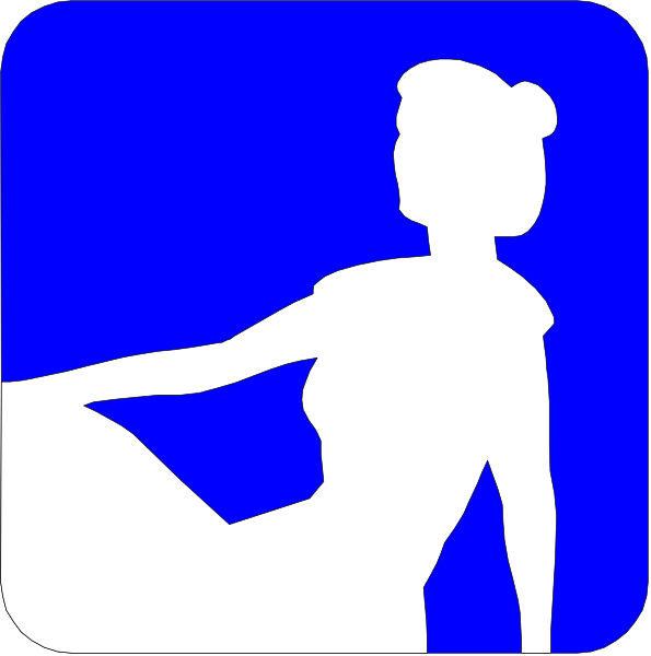 The image shows a blue silhouette of an adult female figure with her head turned to look over her shoulder while seated on what appears to be a chair; she is wearing a sleeveless top that leaves one arm bare, and there's no visible text or additional context provided in the clip-art.