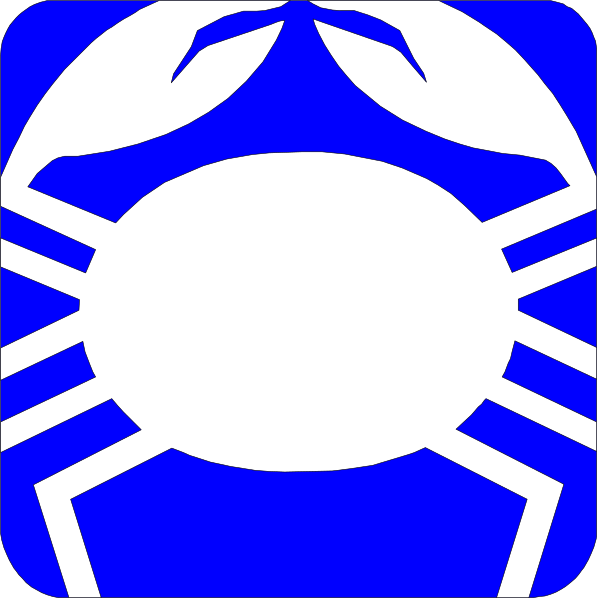 The image shows two blue crab silhouettes with a white shell on each side of them against a black background.