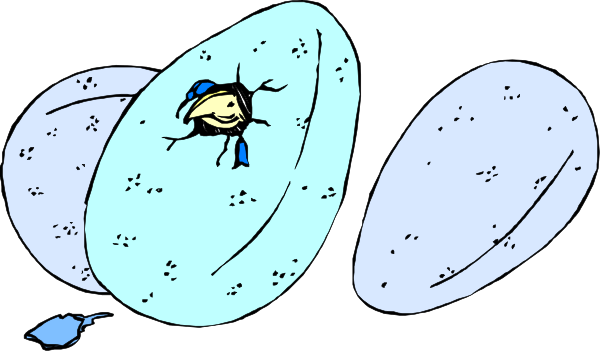 The comic strip shows a cartoon character inside an egg with multiple cracks around it; outside of this cracked shell is another similar image but smaller in size.