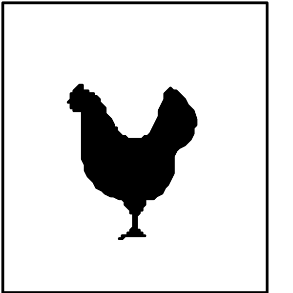 The image shows a black silhouette of an iconic chicken nugget on top left corner with two white squares below it; one square contains another smaller black silhouette of a rooster in front, and the other is empty.