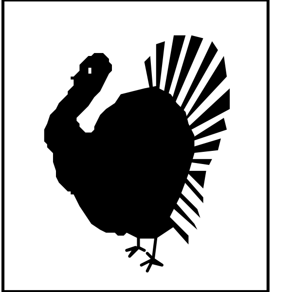 The black and white silhouette of a turkey on top left corner with an arrow pointing to it from below right side.