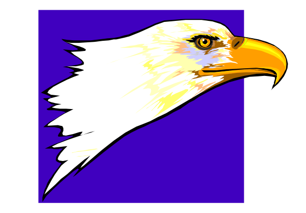 The image shows a stylized eagle's head with its wings spread out against a blue background on what appears to be an emblematic shield-like design.