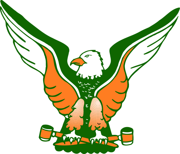 The logo features a stylized eagle with wings spread wide above an emblem that includes what appears to be two crossed swords flanked by three stars on either side of a shield-like design in green and red, all set against a black background.