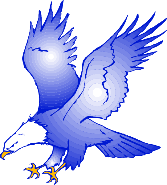 The image shows a blue eagle with its wings spread wide against an unseen background.