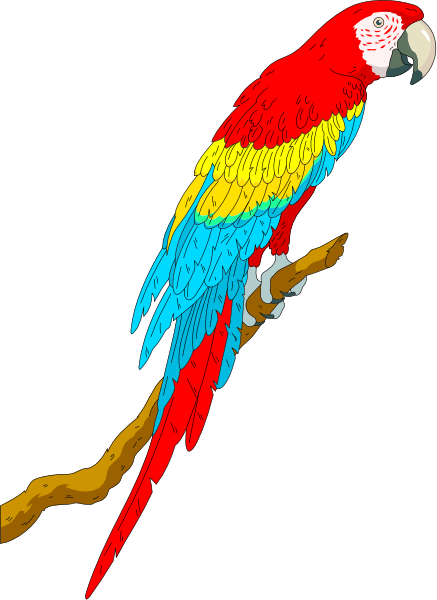 The image shows a colorful parrot perched on a branch with its wings spread out against a dark background.