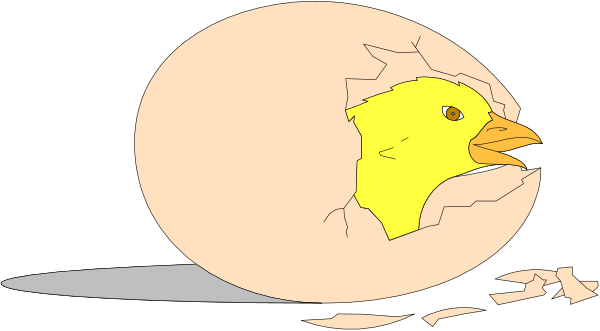 The cartoon shows a yellow bird with its head inside an eggshell that is cracking open to reveal another smaller chick within it; both birds appear surprised as if caught in mid-action during hatching, set against a black background.