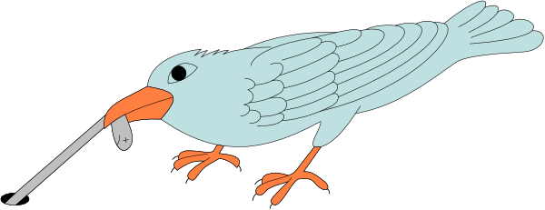 The image shows a cartoon bird with an orange beak flying over what appears to be water while holding something small in its mouth.