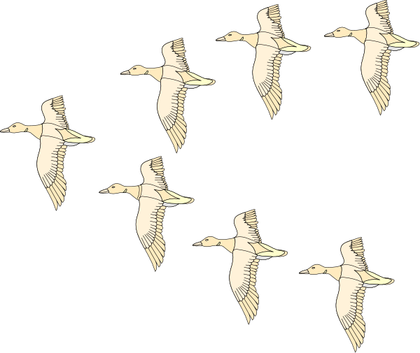 The image shows a sequence of nine identical ducks flying from left to right against a black background with white outlines.