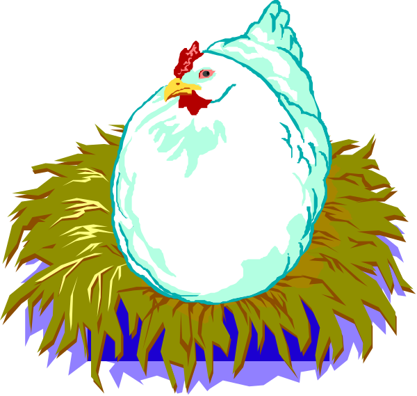 The image shows a cartoon depiction of two chickens sitting on top of an egg nest with straw bedding inside it; one chicken is white while the other has red markings around its neck and beak, suggesting that this might represent male (rooster) vs female (hen).